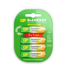 Батарейки аккумуляторные GP ReEnergy Ni-Mh КОМПЛЕКТ 4 шт. (ПРОМО 3+1), АА (HR6), 2600 mAh, 270AAHC3/1RGY, 270AAHC3/1RGY-2