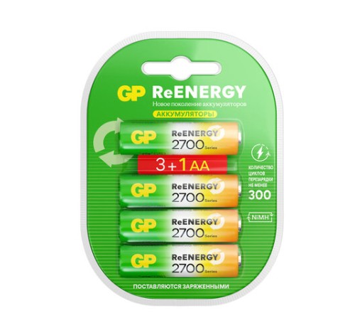 Батарейки аккумуляторные GP ReEnergy Ni-Mh КОМПЛЕКТ 4 шт. (ПРОМО 3+1), АА (HR6), 2600 mAh, 270AAHC3/1RGY, 270AAHC3/1RGY-2 Батарейки аккумуляторные GP ReEnergy Ni-Mh КОМПЛЕКТ 4 шт. (ПРОМО 3+1), АА (HR6), 2600 mAh, 270AAHC3/1RGY, 270AAHC3/1RGY-2