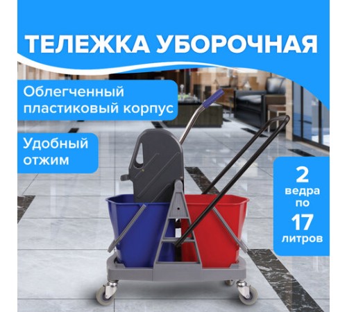 Тележка уборочная BRABIX, 2 съемных ведра 17 л, механический отжим, пластиковый каркас, 606660