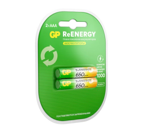 Батарейки аккумуляторные GP ReEnergy Ni-Mh мизинчиковые КОМПЛЕКТ 2 шт., ААА (HR03), 650 mAh, 65AAAHCRGY, 65AAAHCRGY-2CRC Батарейки аккумуляторные GP ReEnergy Ni-Mh мизинчиковые КОМПЛЕКТ 2 шт., ААА (HR03), 650 mAh, 65AAAHCRGY, 65AAAHCRGY-2CRC