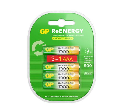 Батарейки аккумуляторные GP ReEnergy Ni-Mh КОМПЛЕКТ 4 шт. (ПРОМО 3+1), ААА (HR03), 950 mAh, 100AAAHC3/1RGY Батарейки аккумуляторные GP ReEnergy Ni-Mh КОМПЛЕКТ 4 шт. (ПРОМО 3+1), ААА (HR03), 950 mAh, 100AAAHC3/1RGY