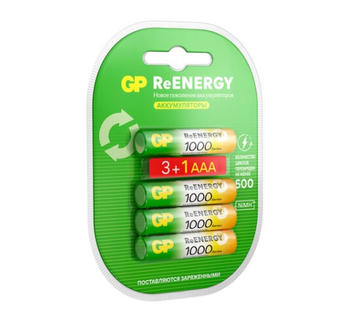 Батарейки аккумуляторные GP ReEnergy Ni-Mh КОМПЛЕКТ 4 шт. (ПРОМО 3+1), ААА (HR03), 950 mAh, 100AAAHC3/1RGY Батарейки аккумуляторные GP ReEnergy Ni-Mh КОМПЛЕКТ 4 шт. (ПРОМО 3+1), ААА (HR03), 950 mAh, 100AAAHC3/1RGY