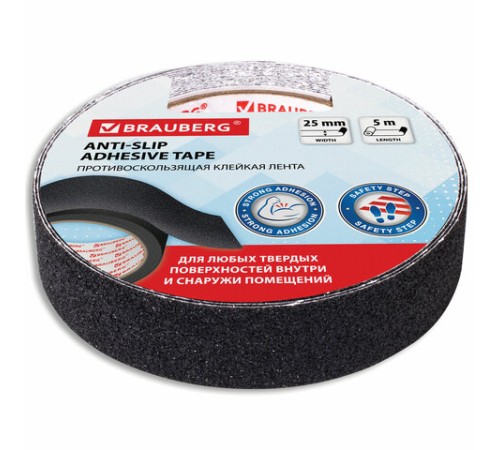 Клейкая ПРОТИВОСКОЛЬЗЯЩАЯ зернистая лента 25 мм х 5 м, ЧЕРНАЯ, основа ПВХ, BRAUBERG, 606772