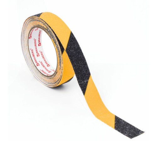 Клейкая ПРОТИВОСКОЛЬЗЯЩАЯ зернистая лента 25 мм х 5 м, ЧЕРНО-ЖЕЛТАЯ, основа ПВХ, BRAUBERG, 606773