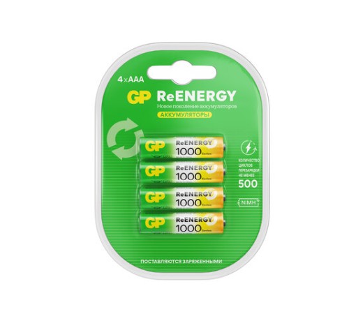 Батарейки аккумуляторные GP ReEnergy Ni-Mh мизинчиковые КОМПЛЕКТ 4 шт., ААА (HR03), 950 mAh, 100AAAHCRGY, 100AAAHCRGY-2C Батарейки аккумуляторные GP ReEnergy Ni-Mh мизинчиковые КОМПЛЕКТ 4 шт., ААА (HR03), 950 mAh, 100AAAHCRGY, 100AAAHCRGY-2C