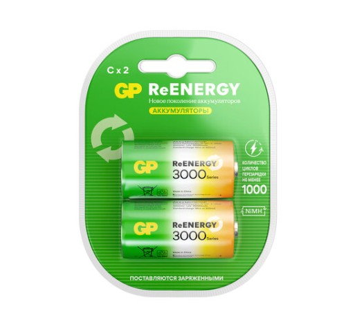 Батарейки аккумуляторные GP ReEnergy Ni-Mh КОМПЛЕКТ 2 шт., С (HR14), 3000 mAh, 300CHCRGY-2CRCB2 Батарейки аккумуляторные GP ReEnergy Ni-Mh КОМПЛЕКТ 2 шт., С (HR14), 3000 mAh, 300CHCRGY-2CRCB2