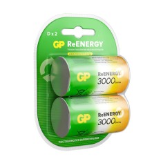 Батарейки аккумуляторные GP ReEnergy Ni-Mh КОМПЛЕКТ 2 шт., D (HR20), 3000 mAh, 300DHCRGY-2CRCB2