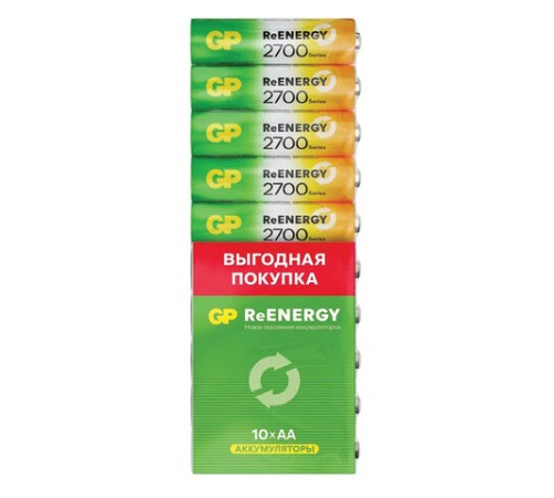 Батарейки аккумуляторные GP ReEnergy Ni-Mh пальчиковые КОМПЛЕКТ 10 шт., АА (HR6), 2600 mAh, 270AAHCRGY, 270AAHC-CRB10 Батарейки аккумуляторные GP ReEnergy Ni-Mh пальчиковые КОМПЛЕКТ 10 шт., АА (HR6), 2600 mAh, 270AAHCRGY, 270AAHC-CRB10