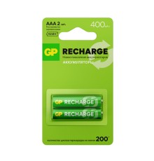Батарейки аккумуляторные GP ReCharge Ni-Mh мизинчиковые КОМПЛЕКТ 2 шт., ААА (HR03) 400 mAh, 40AAAHCV, 40AAAHCV-2CRSB