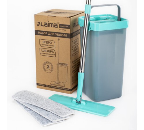 Швабра с отжимом и ведром 9л/7л двухкамерное, 3 насадки из микрофибры, рукоятка 130см, бирюзовый, Compact Mop, LAIMA, 607389