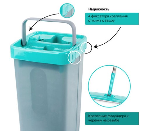 Швабра с отжимом и ведром 9л/7л двухкамерное, 3 насадки из микрофибры, рукоятка 130см, бирюзовый, Compact Mop, LAIMA, 607389
