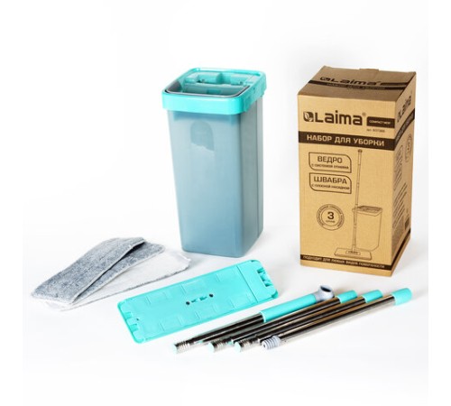 Швабра с отжимом и ведром 9л/7л двухкамерное, 3 насадки из микрофибры, рукоятка 130см, бирюзовый, Compact Mop, LAIMA, 607389