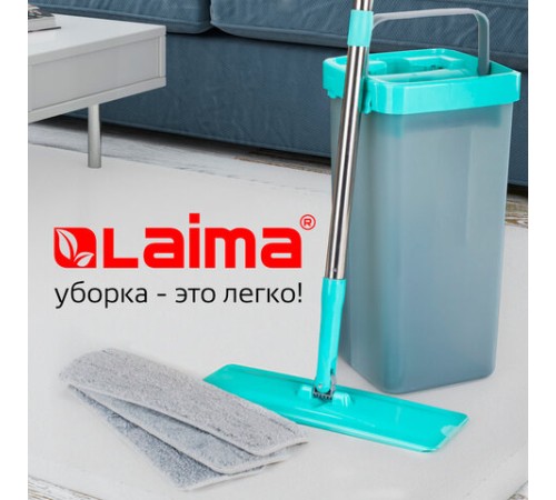 Швабра с отжимом и ведром 9л/7л двухкамерное, 3 насадки из микрофибры, рукоятка 130см, бирюзовый, Compact Mop, LAIMA, 607389