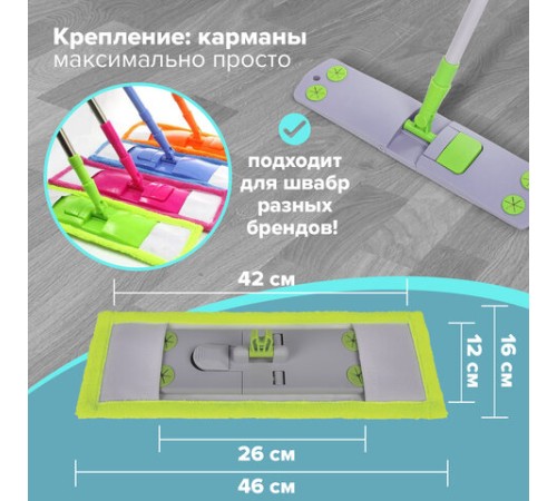 Насадка МОП 40 плоская КОМПЛЕКТ 4 шт., УНИВЕРСАЛЬНАЯ для швабр 38-42 см (ТИП К), микрофибра, LAIMA, 607459
