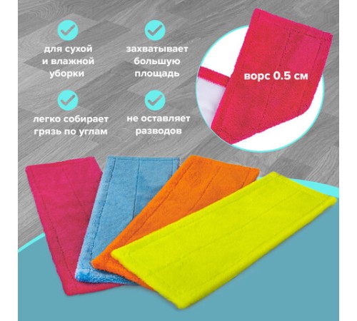 Насадка МОП 40 плоская КОМПЛЕКТ 4 шт., УНИВЕРСАЛЬНАЯ для швабр 38-42 см (ТИП К), микрофибра, LAIMA, 607459