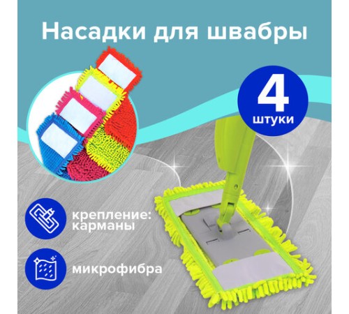 Насадка МОП 40 КОМПЛЕКТ 4 шт., УНИВЕРСАЛЬНАЯ для швабр 38-42 см (ТИП К), микрофибра букли/синель, LAIMA, 607460