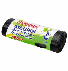 Мешки для мусора 190 л черные в рулоне 10 шт., ПВД 23 мкм, 90х120 см, ЛЮБАША 