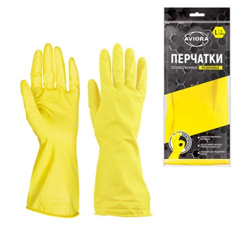 Перчатки МНОГОРАЗОВЫЕ латексные AVIORA, хлопчатобумажное напыление, размер 8-9, L (большой), желтые, вес 36 г, 402-568