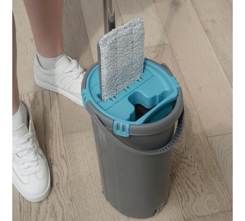 Швабра с отжимом и ведром 8л/7л двухкамерное, насадка из микрофибры карманы с 2-х сторон, серый, Light Mop, MILEY, 901-618