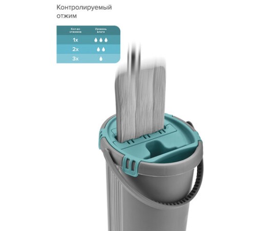 Швабра с отжимом и ведром 8л/7л двухкамерное, насадка из микрофибры карманы с 2-х сторон, серый, Light Mop, MILEY, 901-618