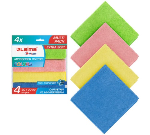 Салфетка из МИКРОФИБРЫ универсальная 30х30 см, КОМПЛЕКТ 4 шт., MULTI PRO COLOUR, 280 г/м2, LAIMA, 607792