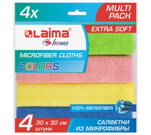 Салфетка из МИКРОФИБРЫ универсальная 30х30 см, КОМПЛЕКТ 4 шт., MULTI PRO COLOUR, 280 г/м2, LAIMA, 607792