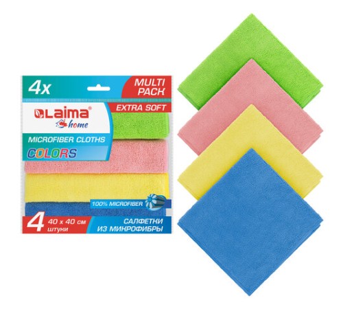 Салфетка из МИКРОФИБРЫ универсальная 40х40 см, КОМПЛЕКТ 4 шт., MULTI PRO COLOUR, 280 г/м2, LAIMA, 607793