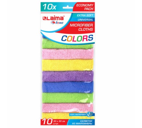 Салфетки из МИКРОФИБРЫ 30х30 см MULTI COLOUR, big pack, КОМПЛЕКТ 10 шт., 180 г/м2, LAIMA HOME, 607794