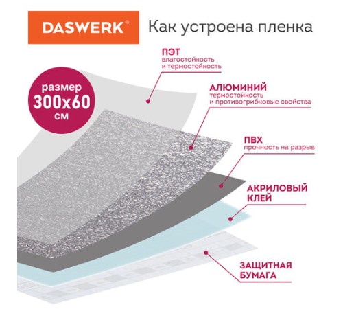 Самоклеящаяся пленка, алюминиевая фольга защитная для кухни/дома, 0,6х3 м, серебро, узор, DASWERK (ДАСВЕРК), 607846