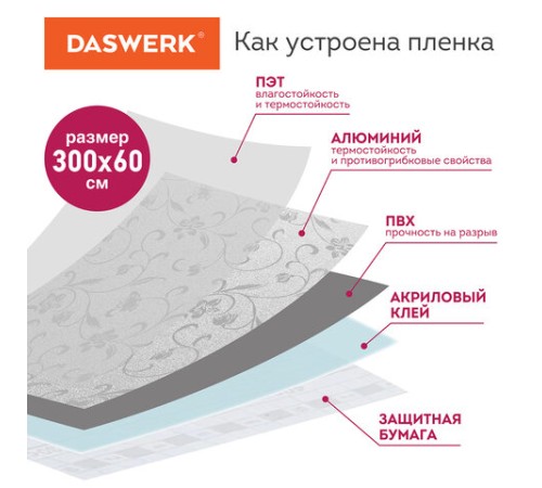 Самоклеящаяся пленка, алюминиевая фольга защитная для кухни/дома, 0,6х3 м, серебро, цветы, DASWERK (ДАСВЕРК), 607849