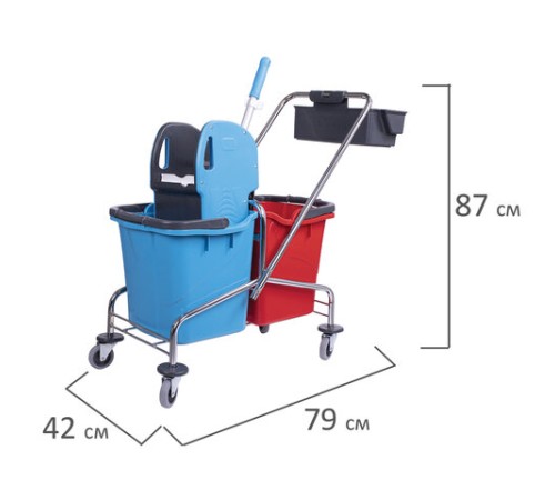 Тележка уборочная, 2 съемных ведра по 25 л, механический отжим, корзина, BRABIX, Турция, 607903