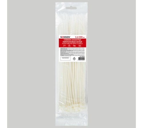 Стяжка (хомут) нейлоновая сверхпрочная POWER LOCK, 3,6x300 мм, КОМПЛЕКТ 100 шт., белая, SONNEN, 607923