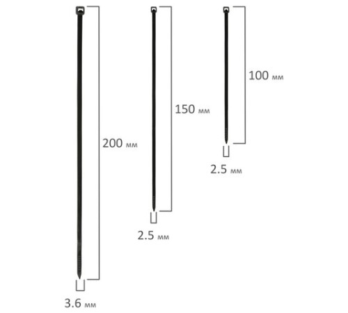 Стяжки (хомуты) нейлоновые сверхпрочные НАБОР 150 шт. (2,5х100/150 мм; 3,6х200 мм), черные, SONNEN, 607924