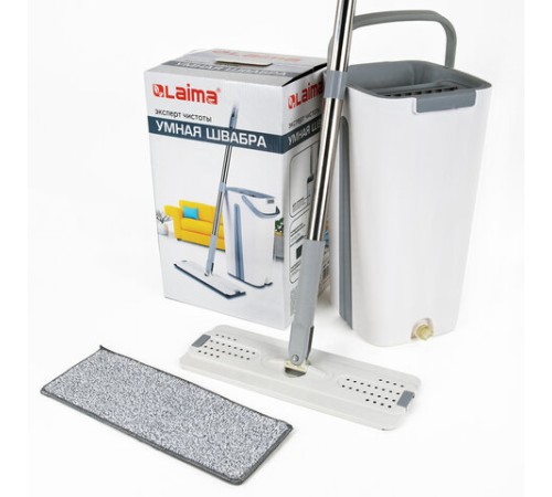 Швабра с отжимом и ведром 11л/9л, двухкамерное, ProClean, насадка из микрофибры карманы с 2-х сторон, белый, LAIMA, 607979