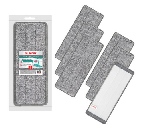 Насадки МОП для швабры (кармашки c 2-х сторон) КОМПЛЕКТ 6 шт., микрофибра, 33х12,5см, LAIMA, 608144