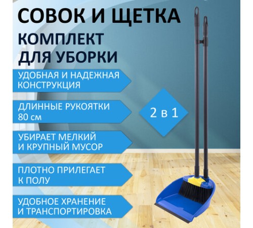 Совок для мусора + щетка, рукоятки 80 см пластик, синий, 
