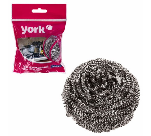 Губка (мочалка) металлическая, спиральная, 27 г, СРЕДНЯЯ, для посуды, гриля, плиты, YORK, 2010