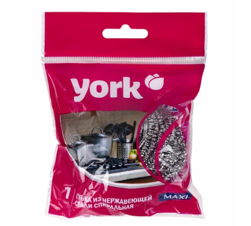 Губка (мочалка) металлическая, спиральная, 27 г, СРЕДНЯЯ, для посуды, гриля, плиты, YORK, 2010