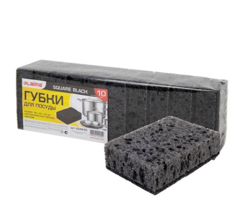 Губки для посуды 9,8х6,6х3 см, КОМПЛЕКТ 10 шт., SQUARE BLACK, КРУПНОПОРИСТЫЙ поролон с абразивным слоем, LAIMA, 608648