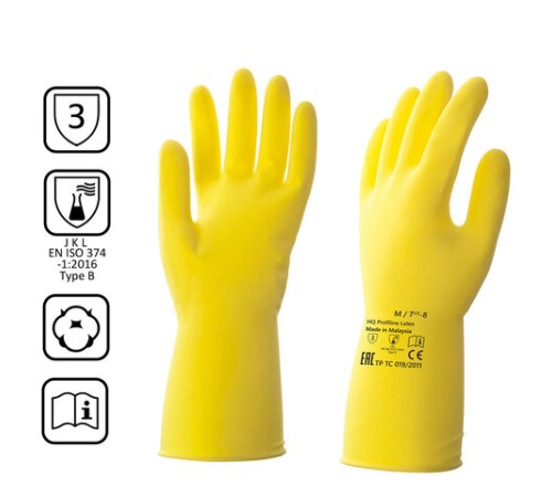 Перчатки латексные КЩС, сверхпрочные, плотные, хлопковое напыление, размер 7,5-8, M (средний), желтые, HQ Profiline, 73584