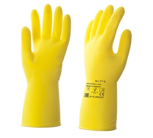 Перчатки латексные КЩС, сверхпрочные, плотные, хлопковое напыление, размер 7,5-8, M (средний), желтые, HQ Profiline, 73584