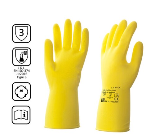 Перчатки латексные КЩС, сверхпрочные, плотные, хлопковое напыление, размер 8,5-9, L (большой), желтые, HQ Profiline, 73587