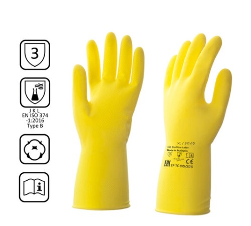 Перчатки латексные КЩС, сверхпрочные, плотные, хлопковое напыление, размер 9,5-10, XL (очень большой), желтые, HQ Profiline, 73590