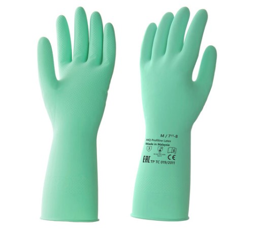 Перчатки латексные КЩС, сверхпрочные, плотные, хлопковое напыление, размер 7,5-8, M (средний), зеленые, HQ Profiline, 73583