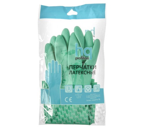 Перчатки латексные КЩС, сверхпрочные, плотные, хлопковое напыление, размер 7,5-8, M (средний), зеленые, HQ Profiline, 73583