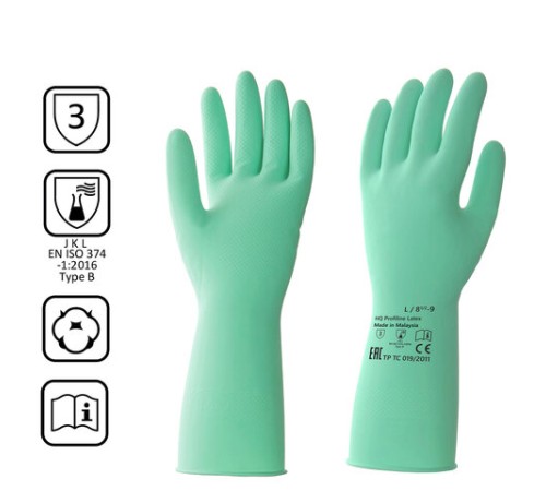 Перчатки латексные КЩС, сверхпрочные, плотные, хлопковое напыление, размер 8,5-9, L (большой), зеленые, HQ Profiline, 73586