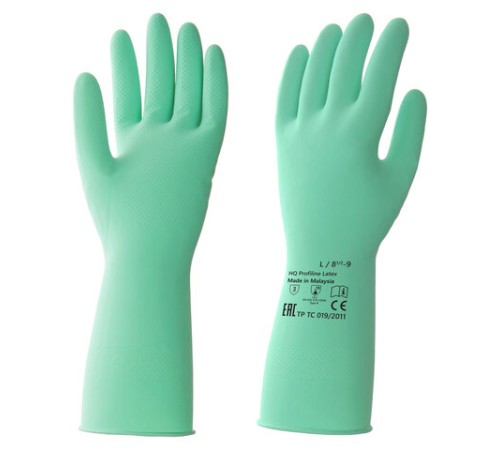 Перчатки латексные КЩС, сверхпрочные, плотные, хлопковое напыление, размер 8,5-9, L (большой), зеленые, HQ Profiline, 73586