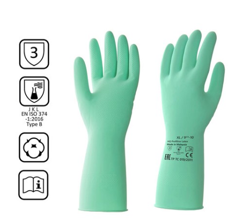 Перчатки латексные КЩС, сверхпрочные, плотные, хлопковое напыление, размер 9,5-10, XL (очень большой), зеленые, HQ Profiline, 73589