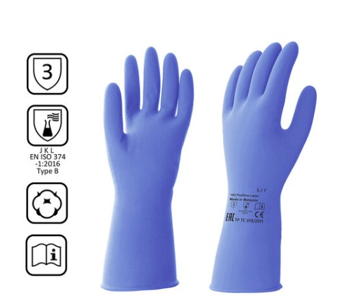 Перчатки латексные КЩС, сверхпрочные, плотные, хлопковое напыление, размер 7, S (малый), синие, HQ Profiline, 74733