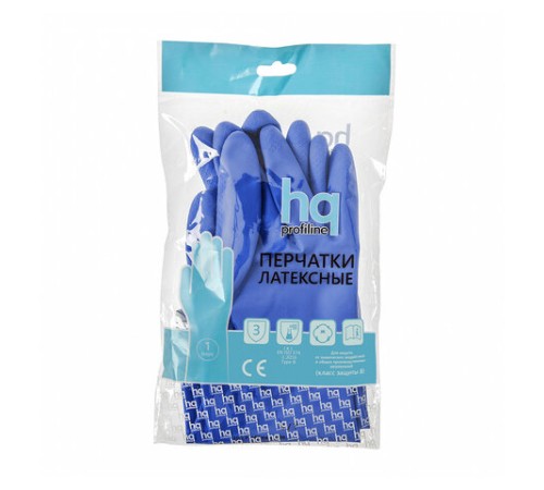 Перчатки латексные КЩС, сверхпрочные, плотные, хлопковое напыление, размер 7,5-8, M (средний), синие, HQ Profiline, 74734